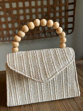 Tommy Bahama Cream Woven Top-Handle Bag with Wood Beaded Handle